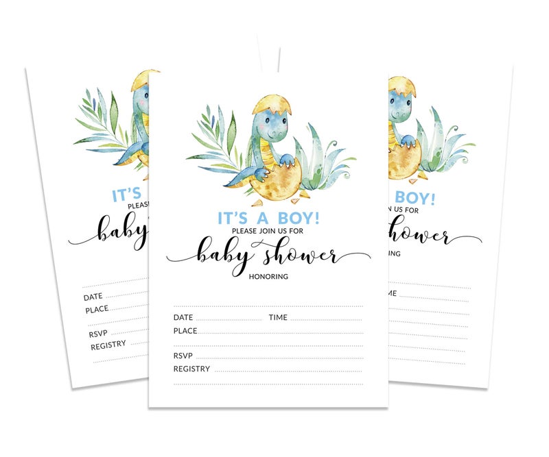 Inkdotpot 30 Fill in Style Baby Shower Invitation Cards Dinosaur Gender Reveal Blank Invites - Image 1